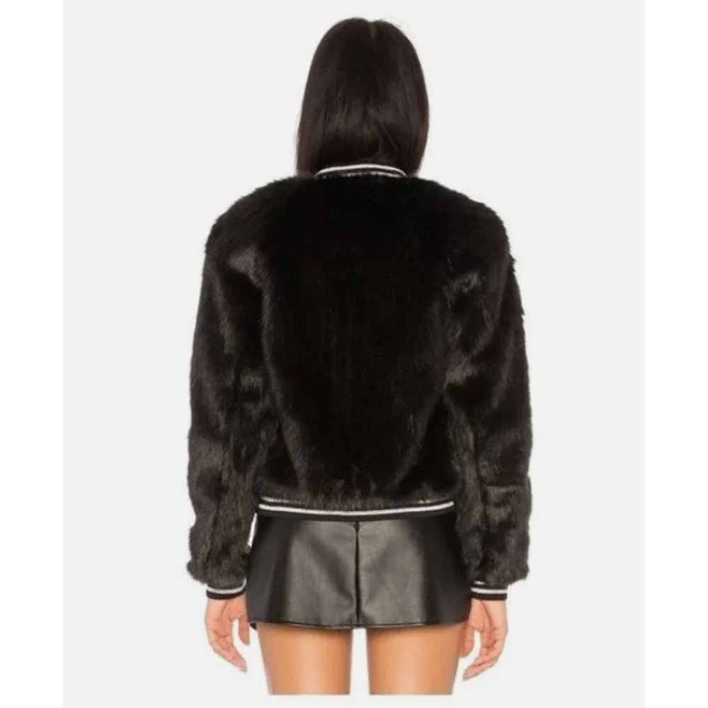 MOTHER Women's The Letterman Faux Fur Bomber Jacket Black - Size Medium - Picture 2 of 11